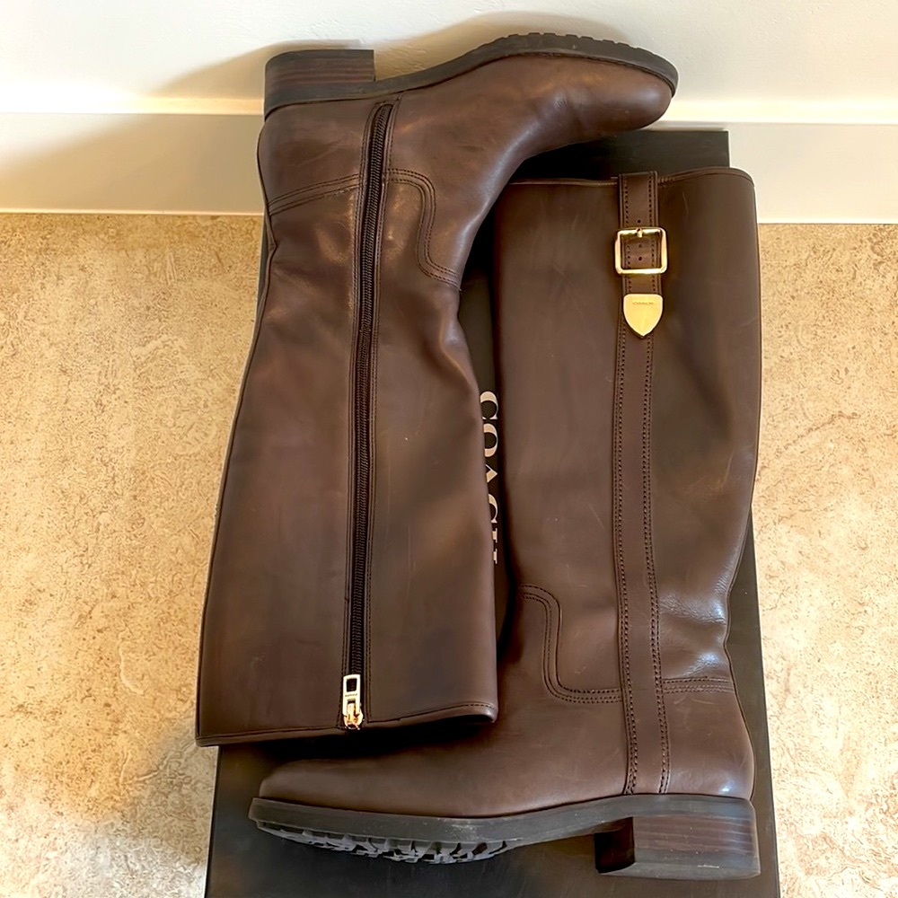 Coach Tall Leather Riding Boots - Dark Brown with Gold Buckle